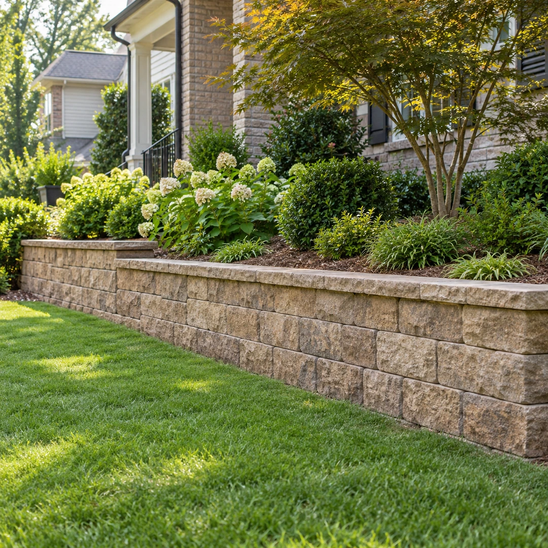Modest level landscape retaining wall supporting a planted yard edge