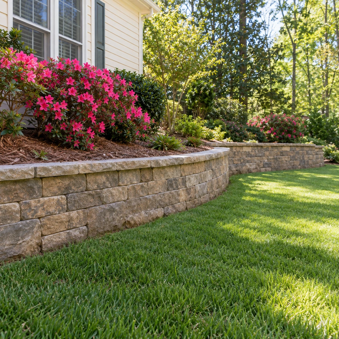 Curved retaining wall with azalea planting and finished lawn edging