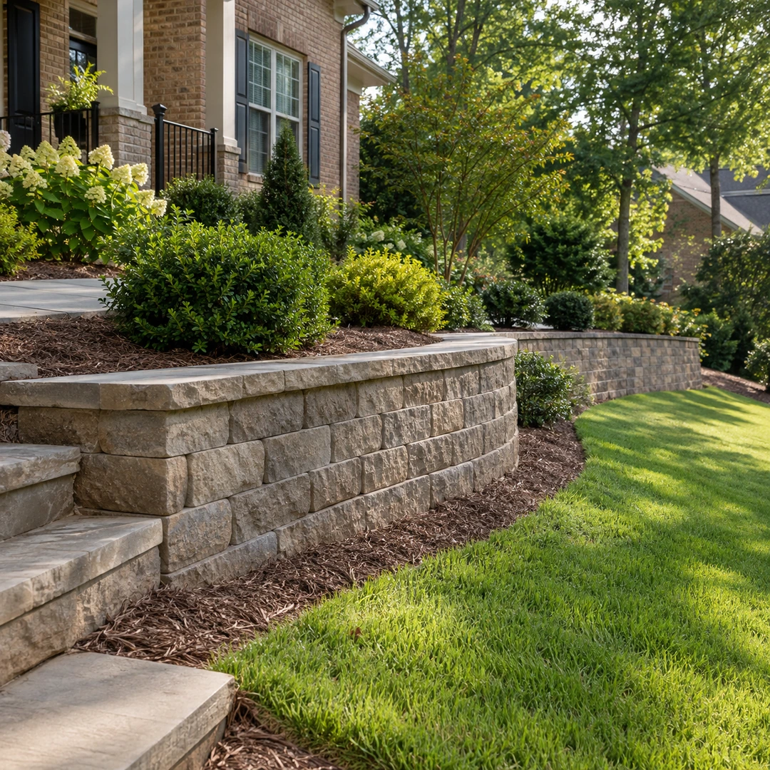 Two level retaining walls beside a gently sloping lawn and garden steps