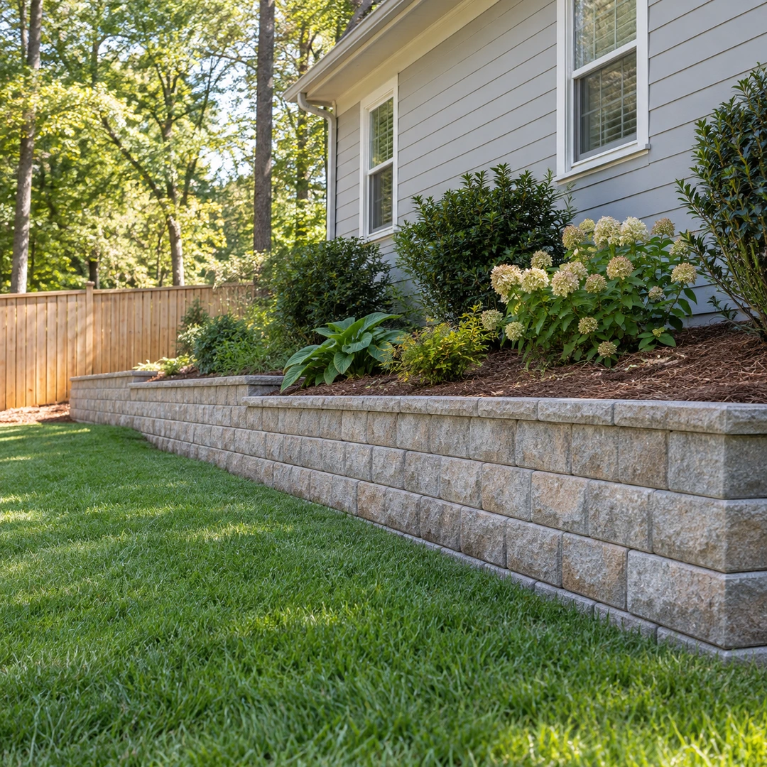 Side yard retaining wall supporting a hydrangea border beside a fence