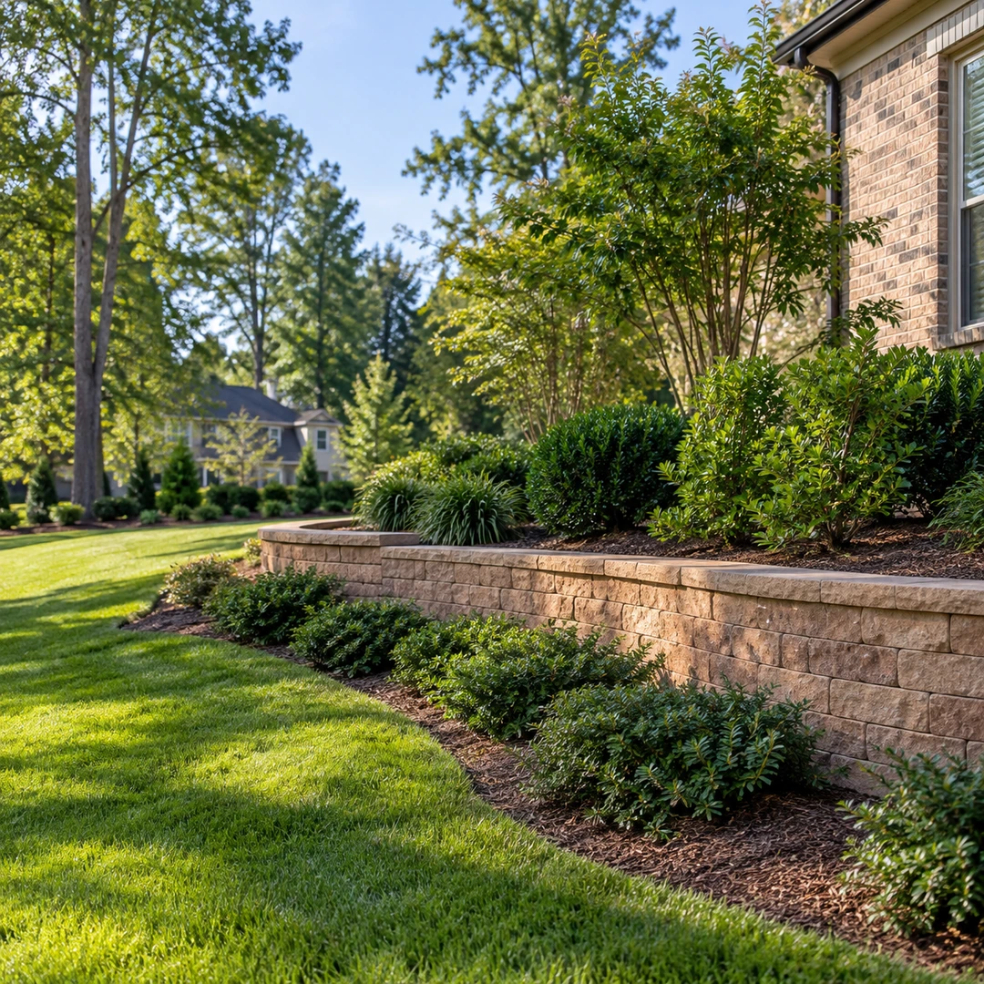 Low landscape retaining wall supporting shrubs beside a brick home