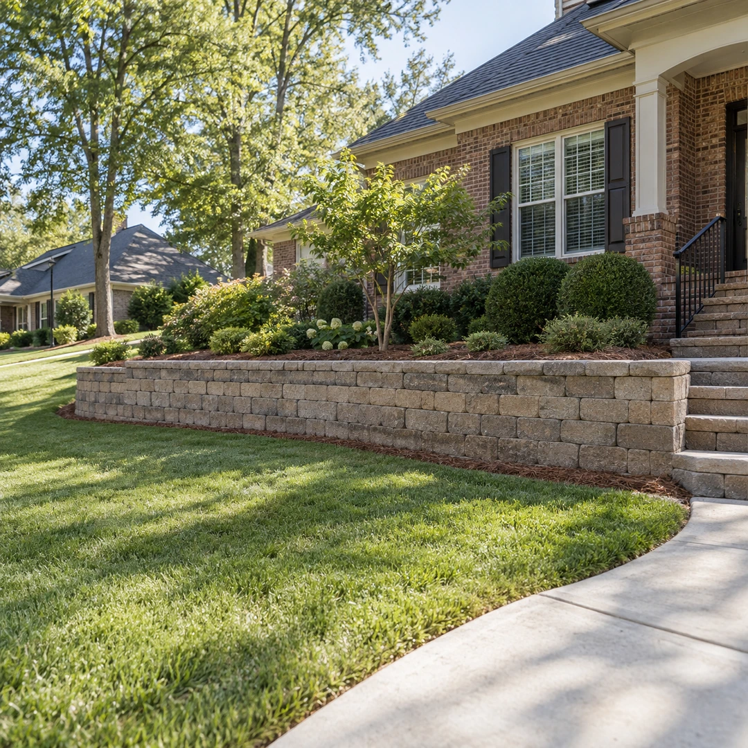 Retaining wall and stone steps beside a finished residential lawn