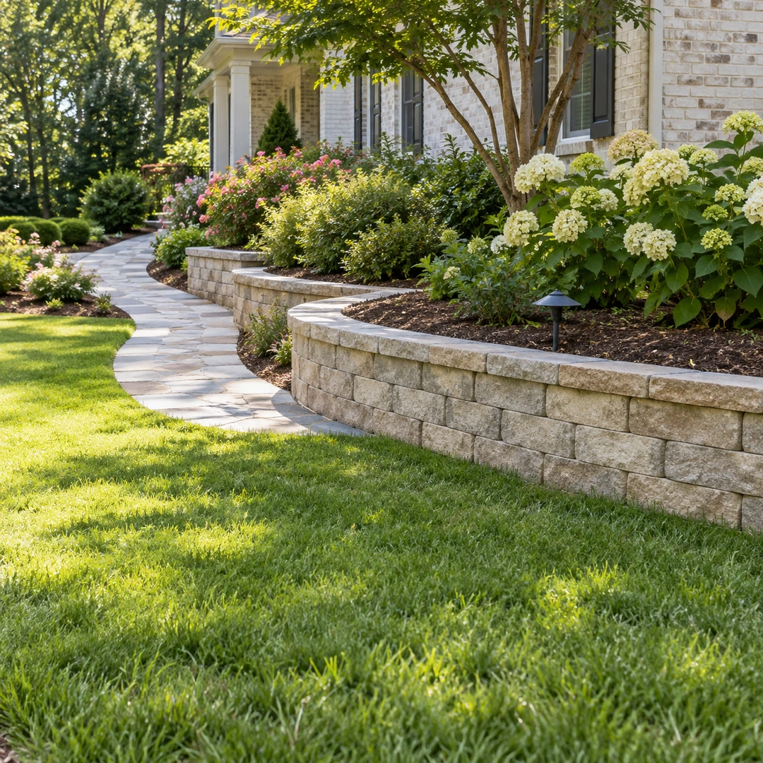Curved low retaining wall framing a hydrangea garden and paved path