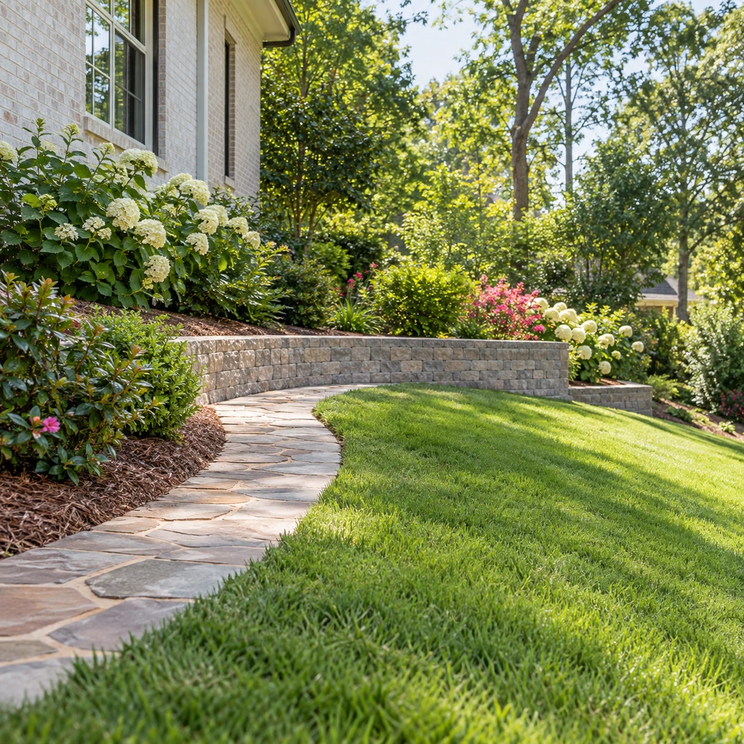 Terraced retaining wall and curved path framing a sloping garden
