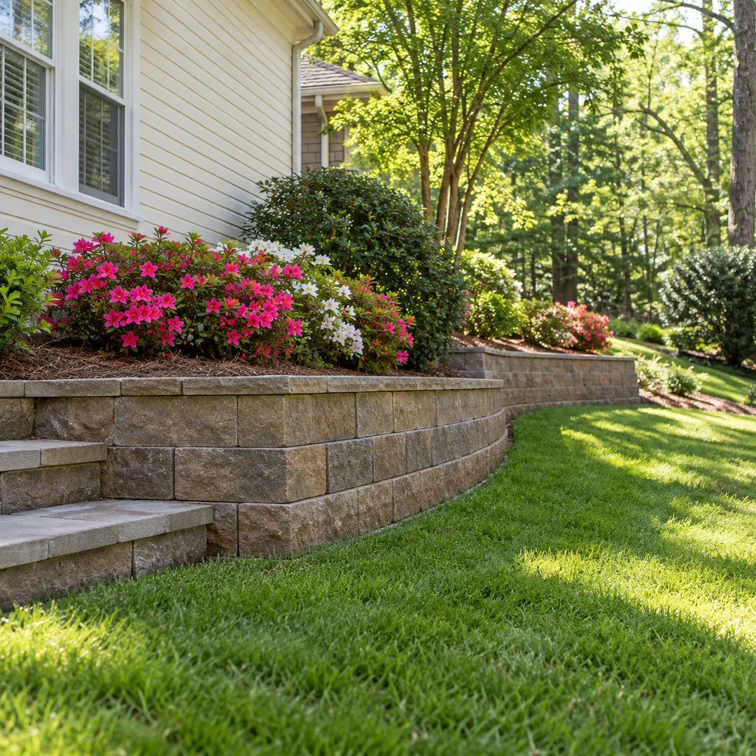 Retaining wall supporting an azalea bed beside residential garden steps