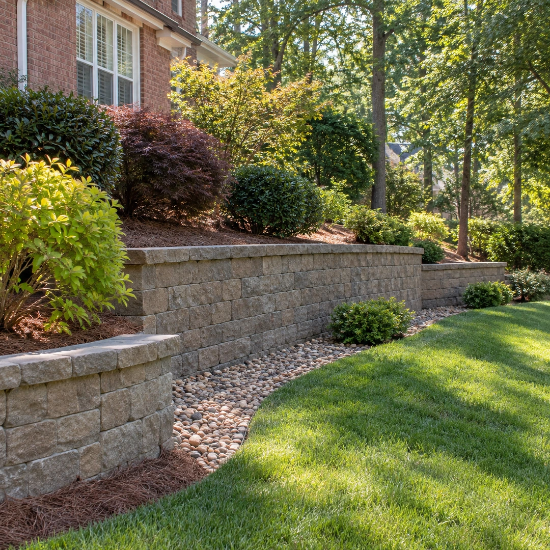 Stone drainage bed along the base of a low planted retaining wall