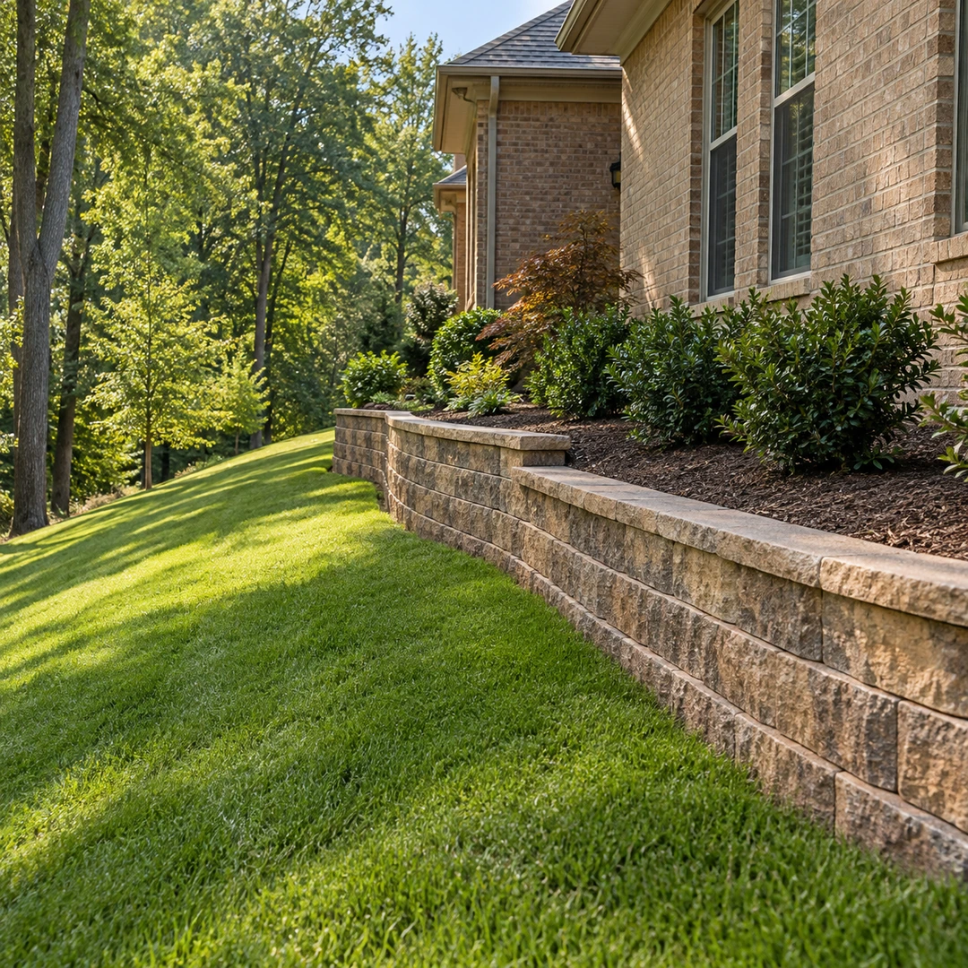 Low retaining wall holding a planted bed above a sloping lawn