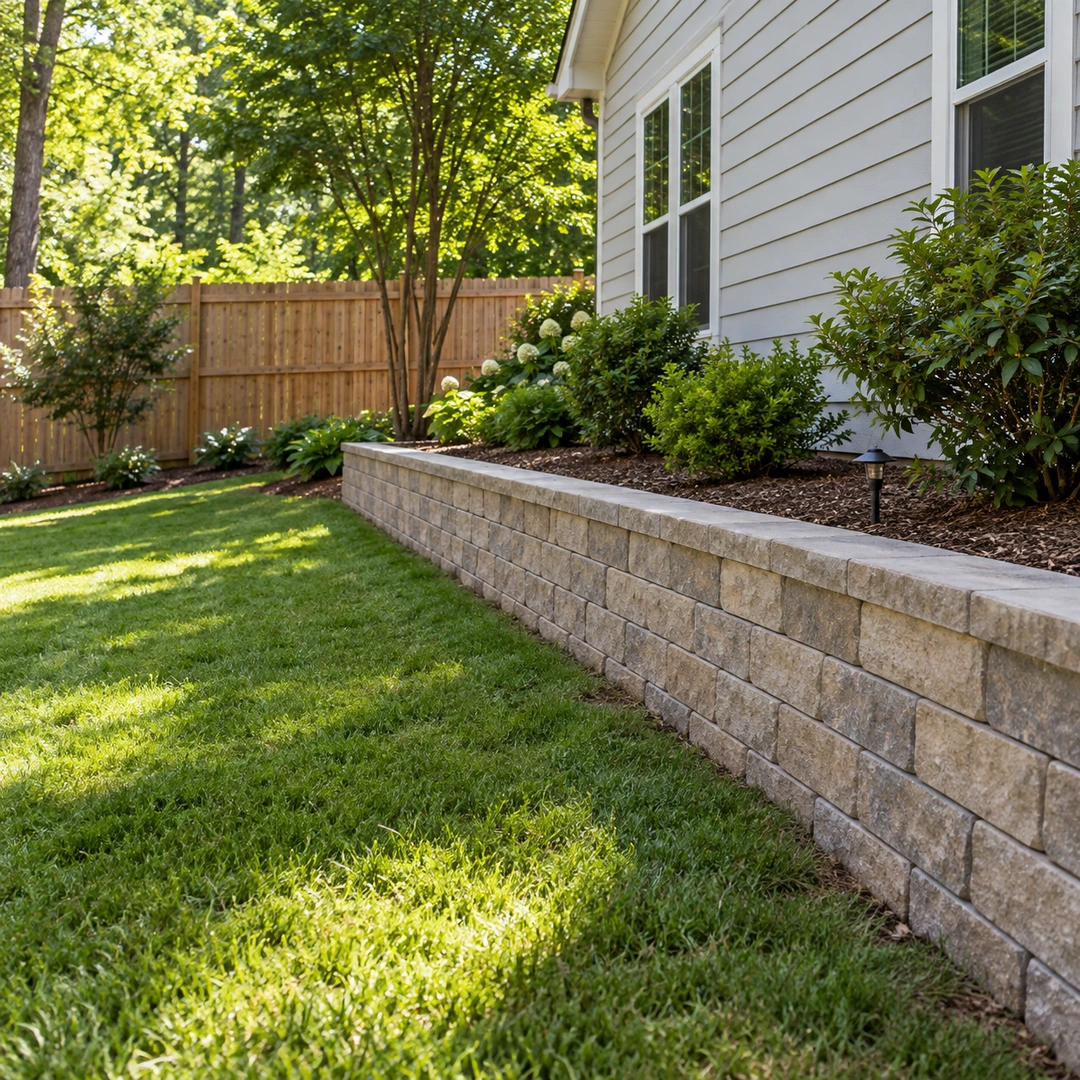 Straight retaining wall below a mulched garden bed and wooden fence
