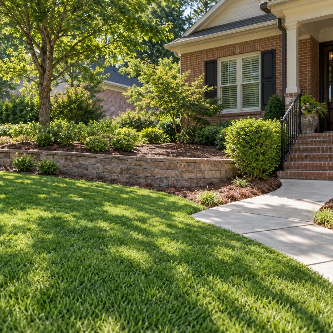 Curved retaining wall beside a clear paved residential walkway