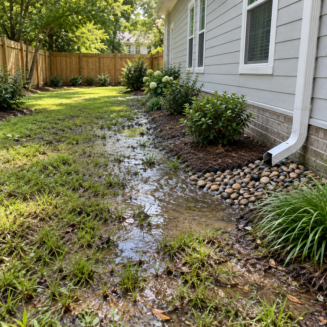 Standing water in a side yard beside a downspout and house foundation