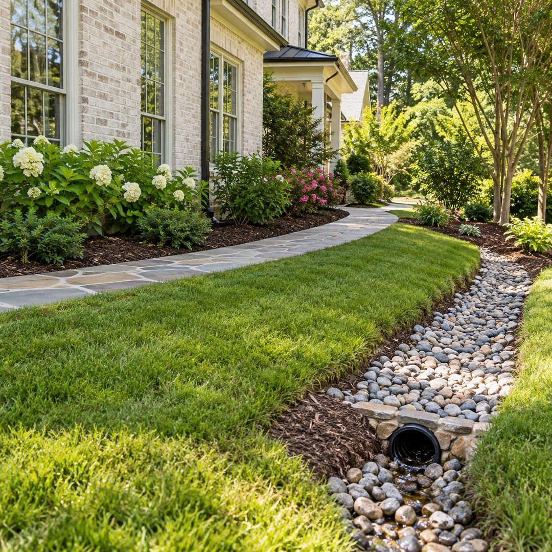 Gravel drainage bed and pipe outlet beside a curved garden path