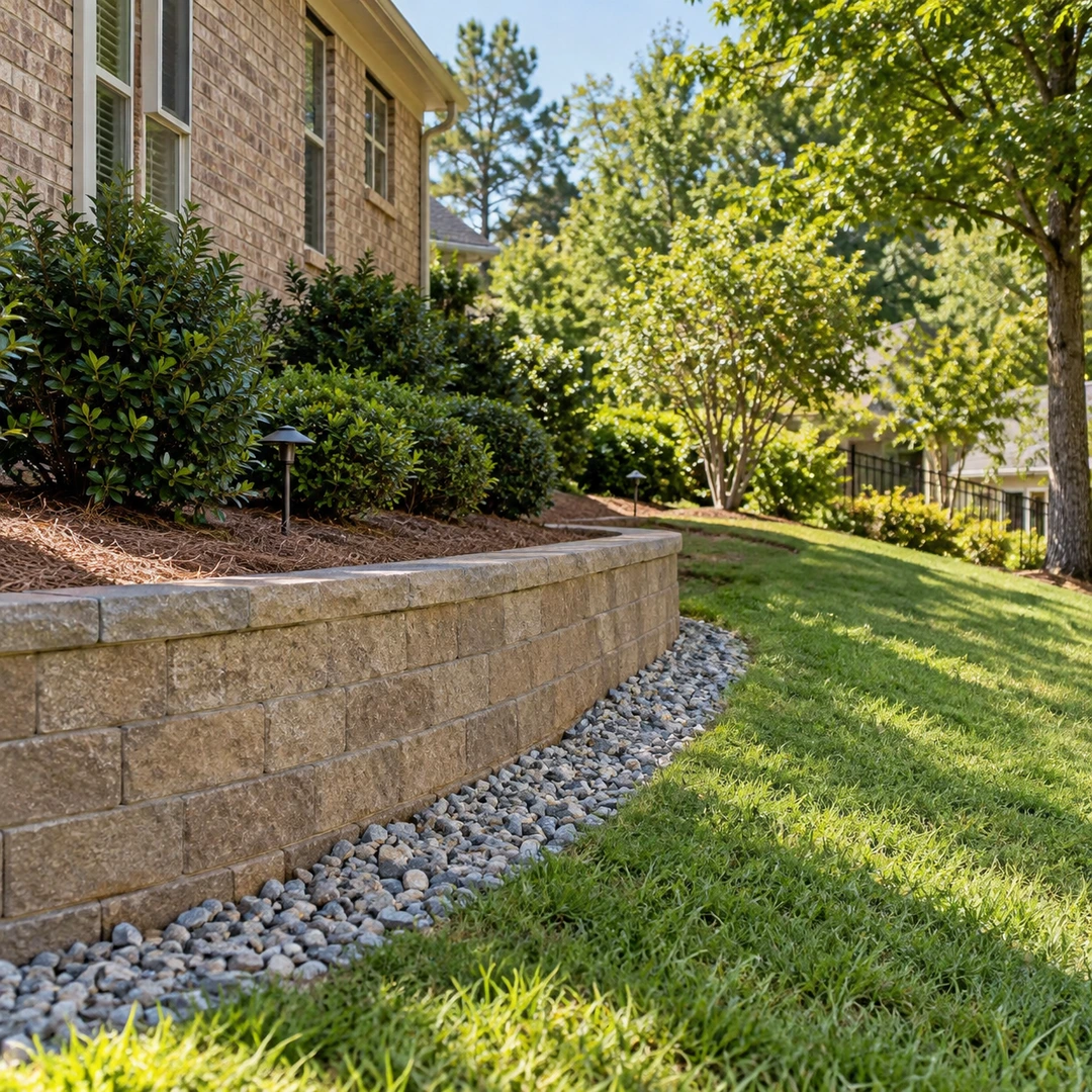 Stone drainage strip along a curved residential retaining wall