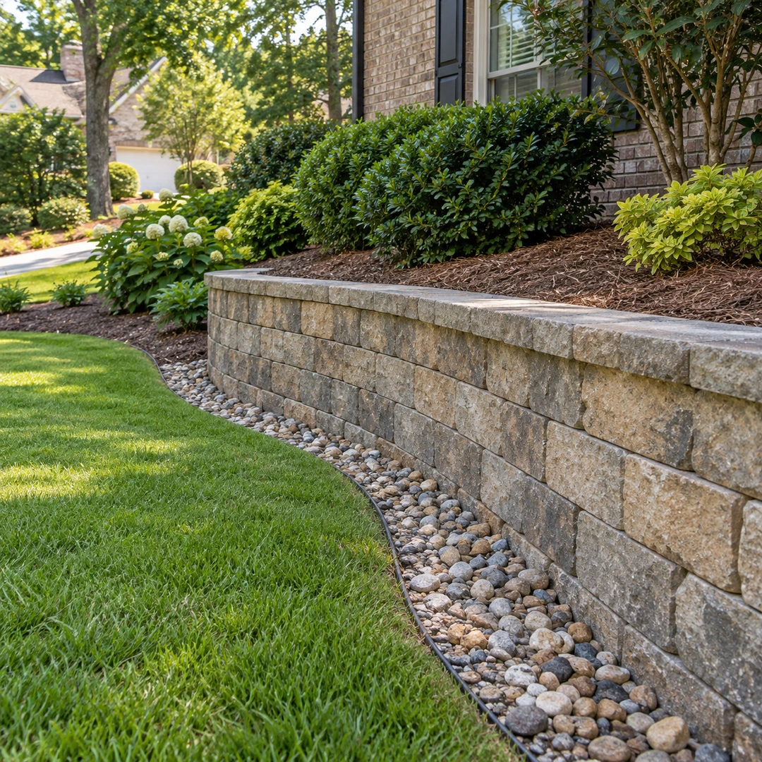 Gravel drainage border along the base of a planted retaining wall
