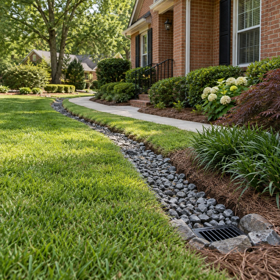 Gravel drainage channel with a grate beside a residential path