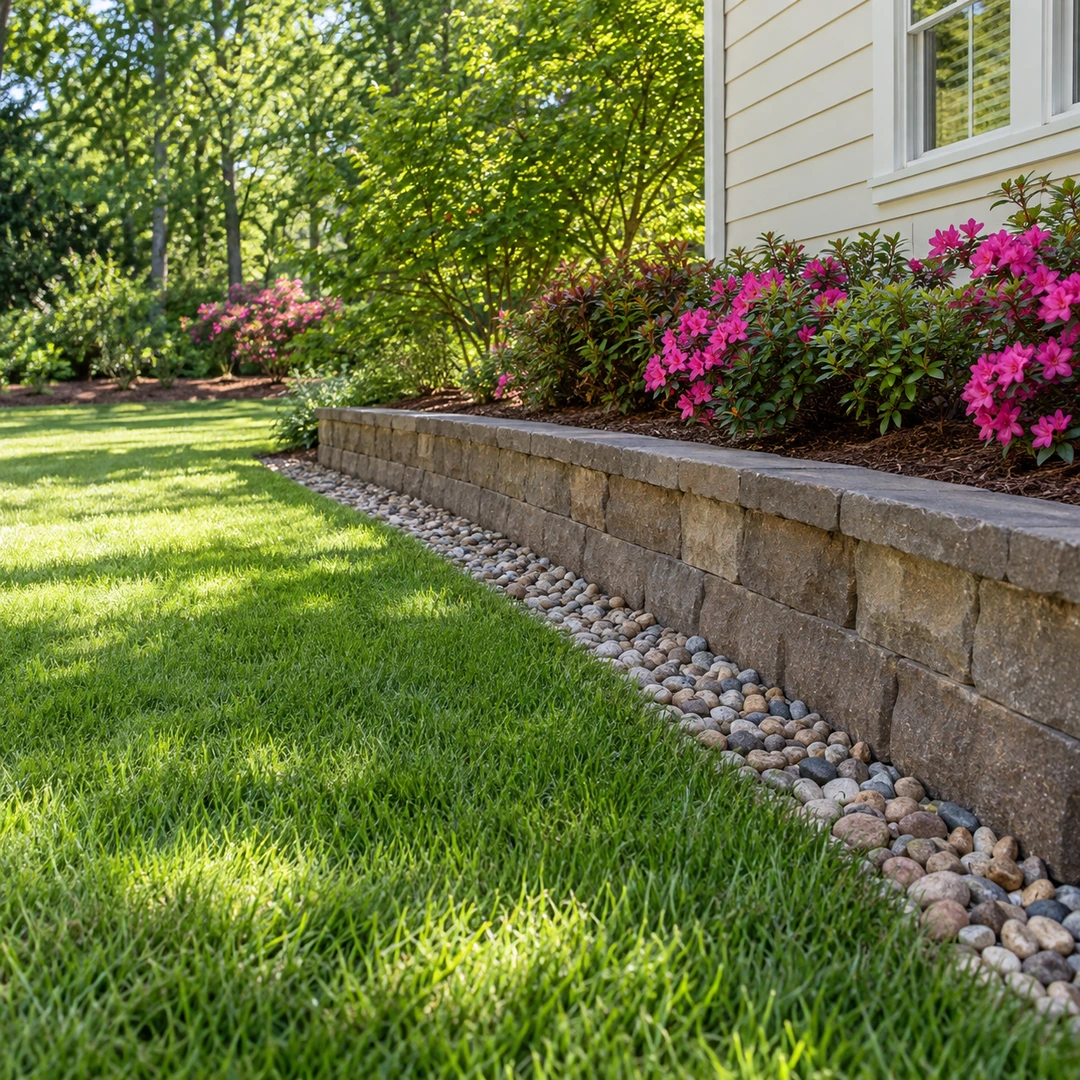 Pebble border below a retaining wall supporting an azalea bed