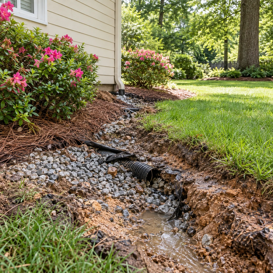 Exposed damaged corrugated drain pipe in an eroded gravel trench