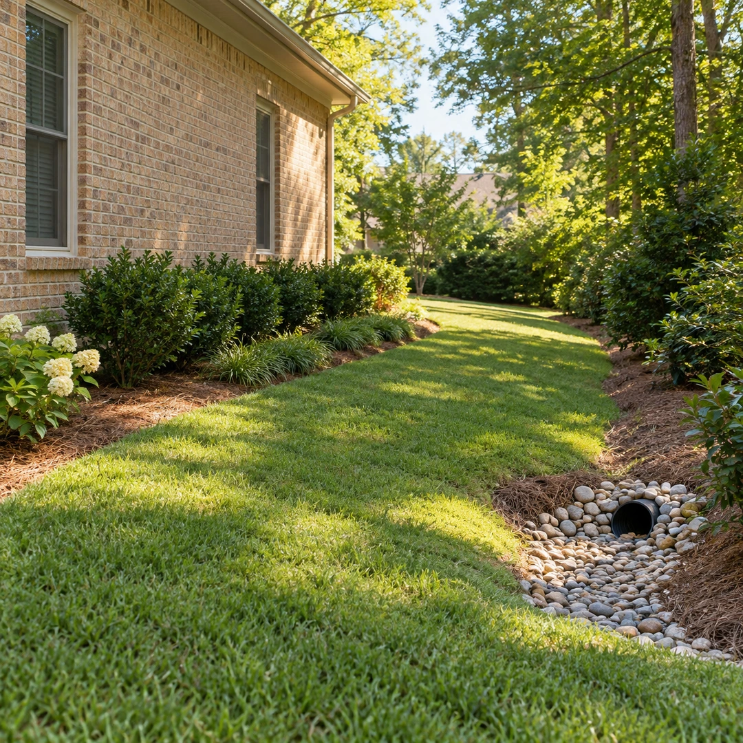 Drain outlet in a stone bed at the edge of a finished lawn