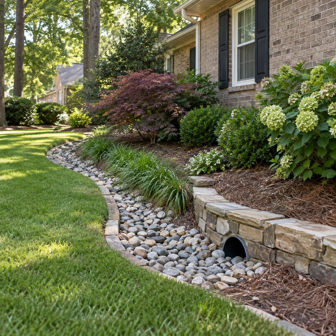 Drain outlet beneath a low retaining wall beside a gravel channel