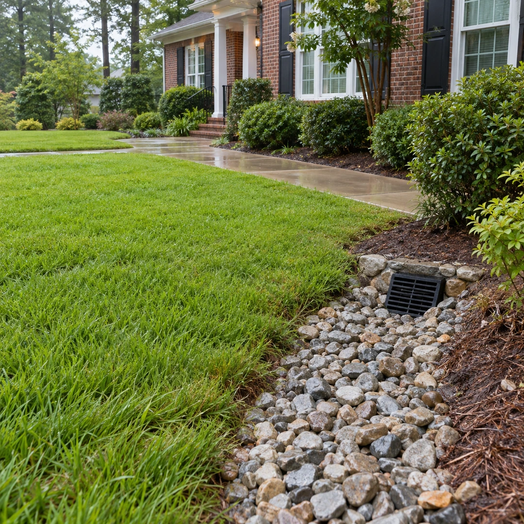 Drainage grate in a stone channel beside a residential walkway