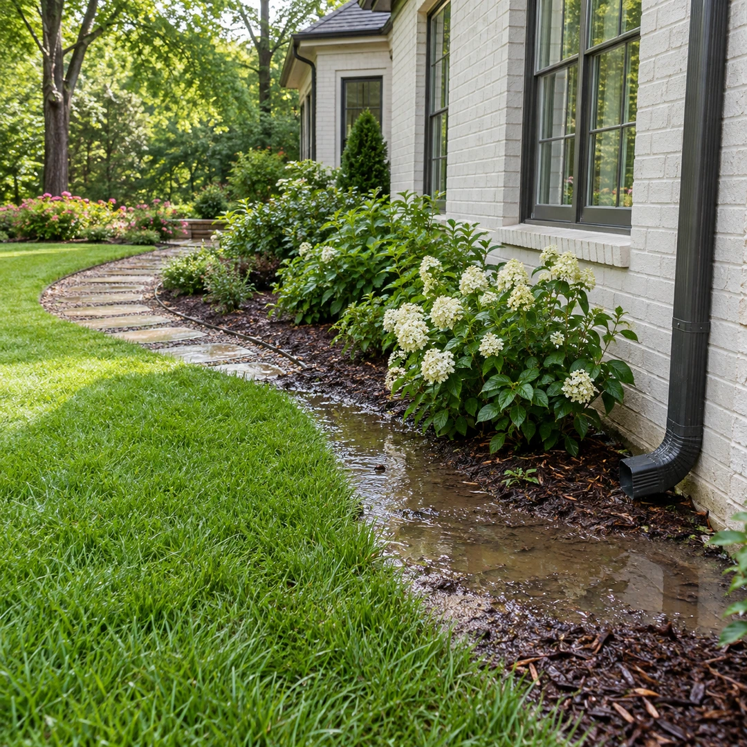 Pooled water near a downspout and planted house foundation