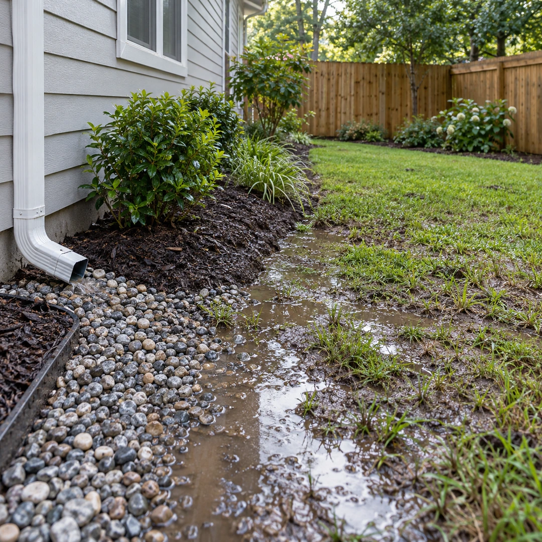 Standing water beside a downspout and gravel bed in a side yard
