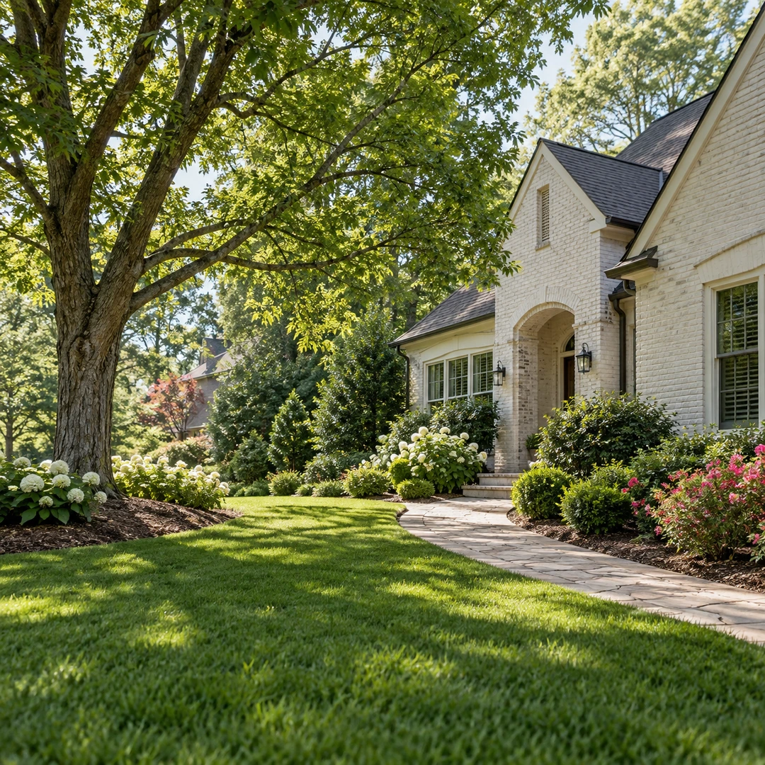 Large shade tree beside a residential walkway and planted garden