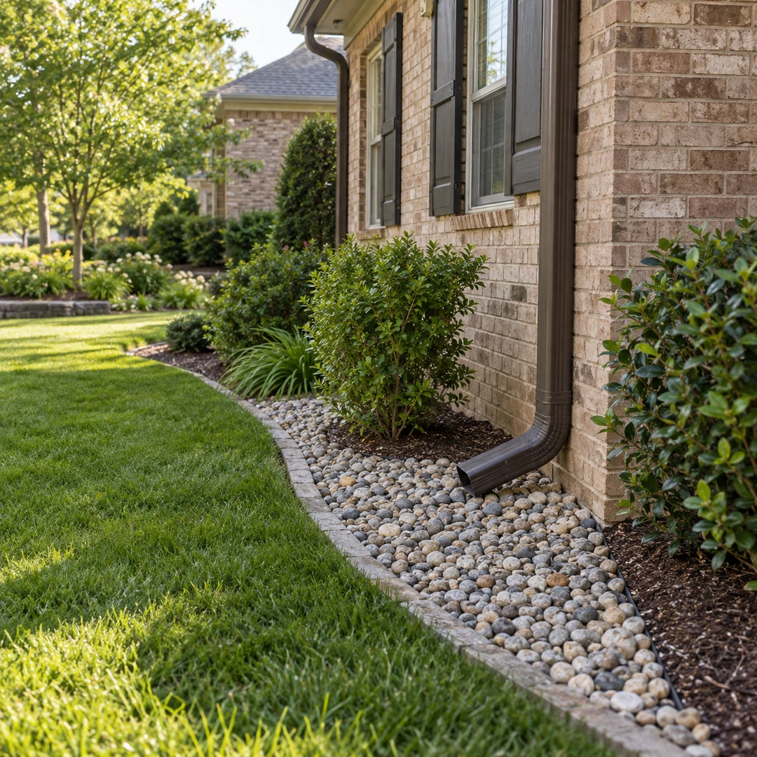 Downspout discharging onto a gravel strip along a brick foundation