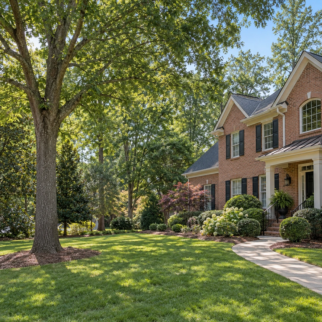Mature shade trees beside a brick home and curved access path