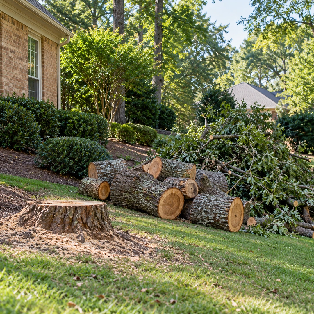 Cut trunk rounds and leafy branches beside a stump on a residential lawn