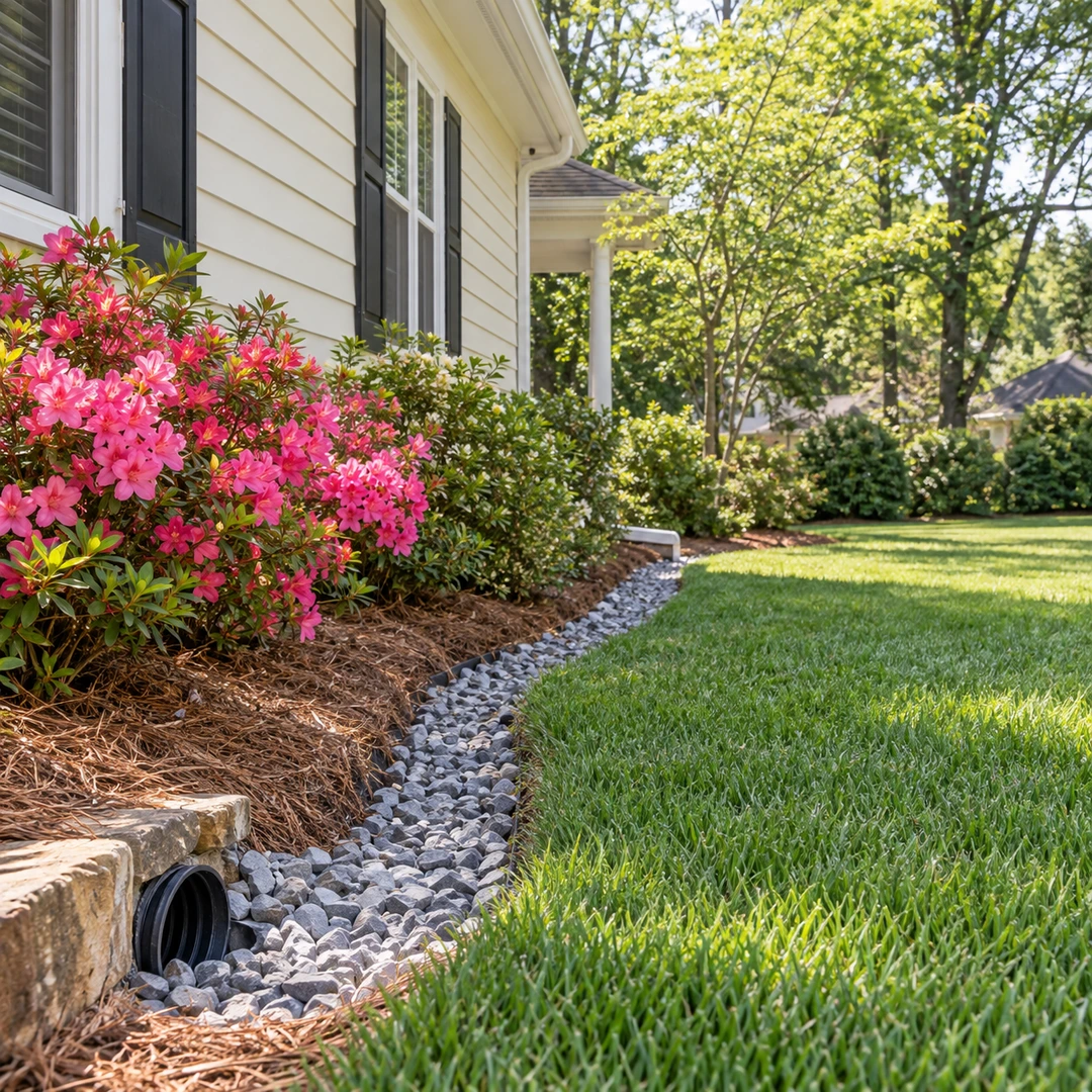 Stone drainage channel with a pipe outlet beside foundation planting