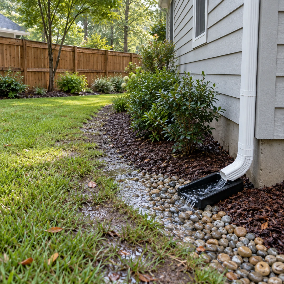 Water flowing from a downspout into a wet side yard near the foundation