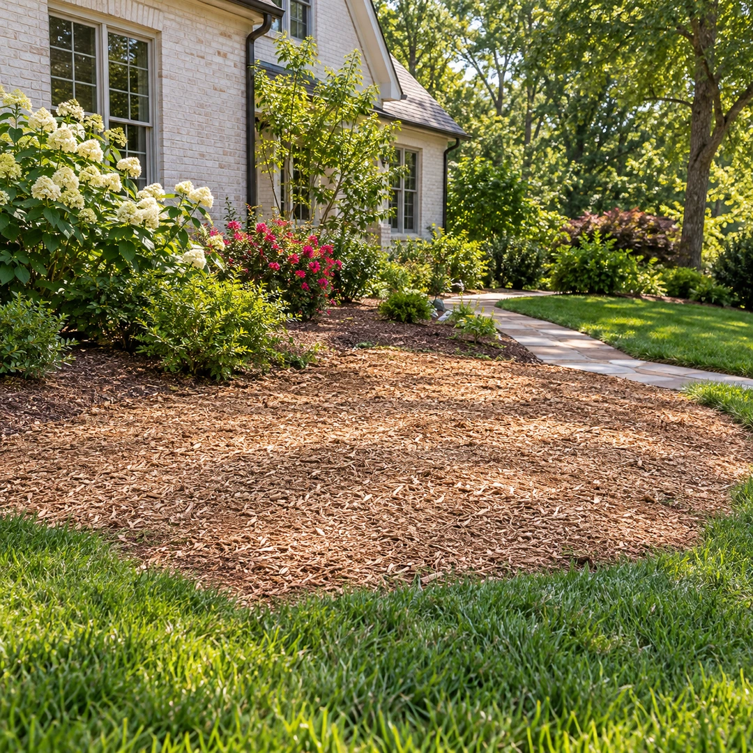 Level wood chip area beside a garden path after stump work