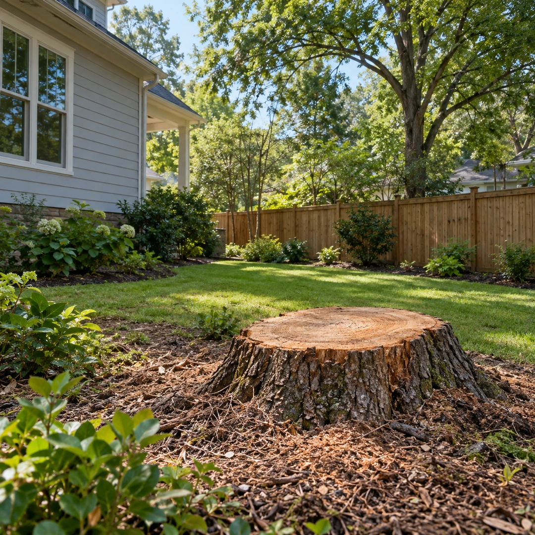 Cut stump and natural roots beside a residential side yard