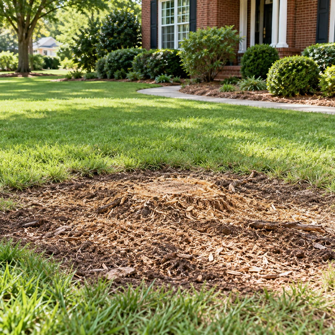 Wood chips and low stump remnants at a lawn edge