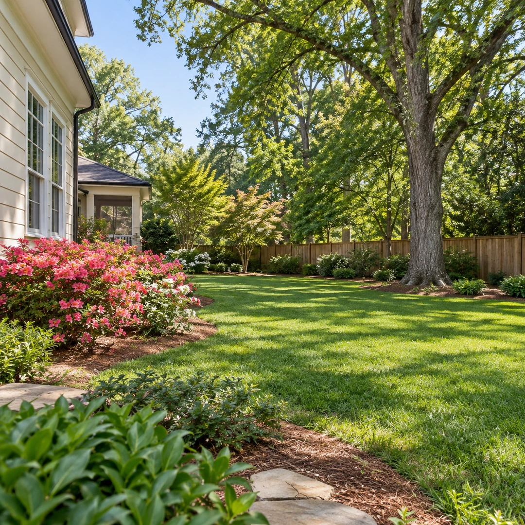 Clear lawn and garden beside retained mature trees