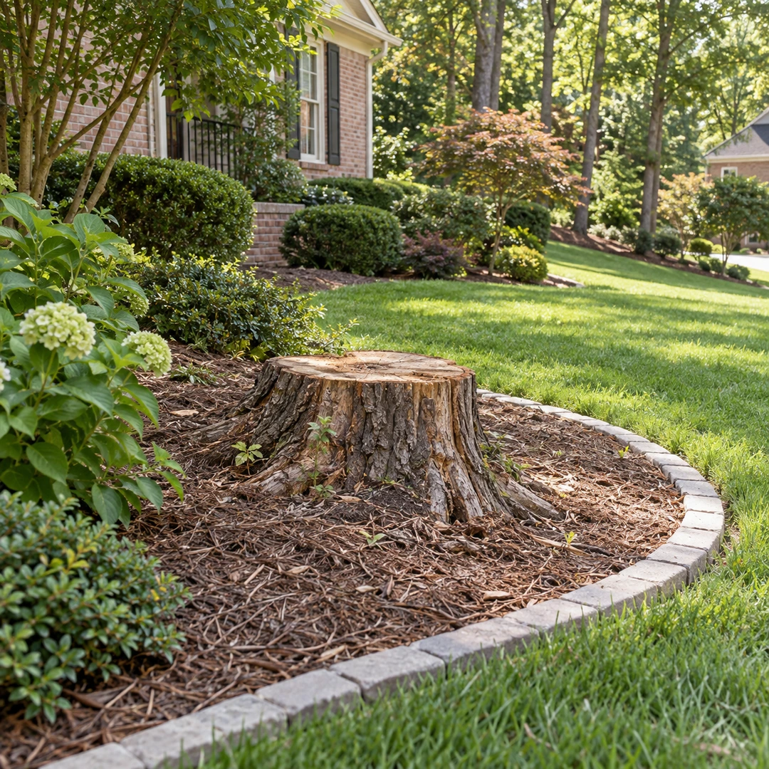 Low stump with exposed roots in a curved residential garden bed