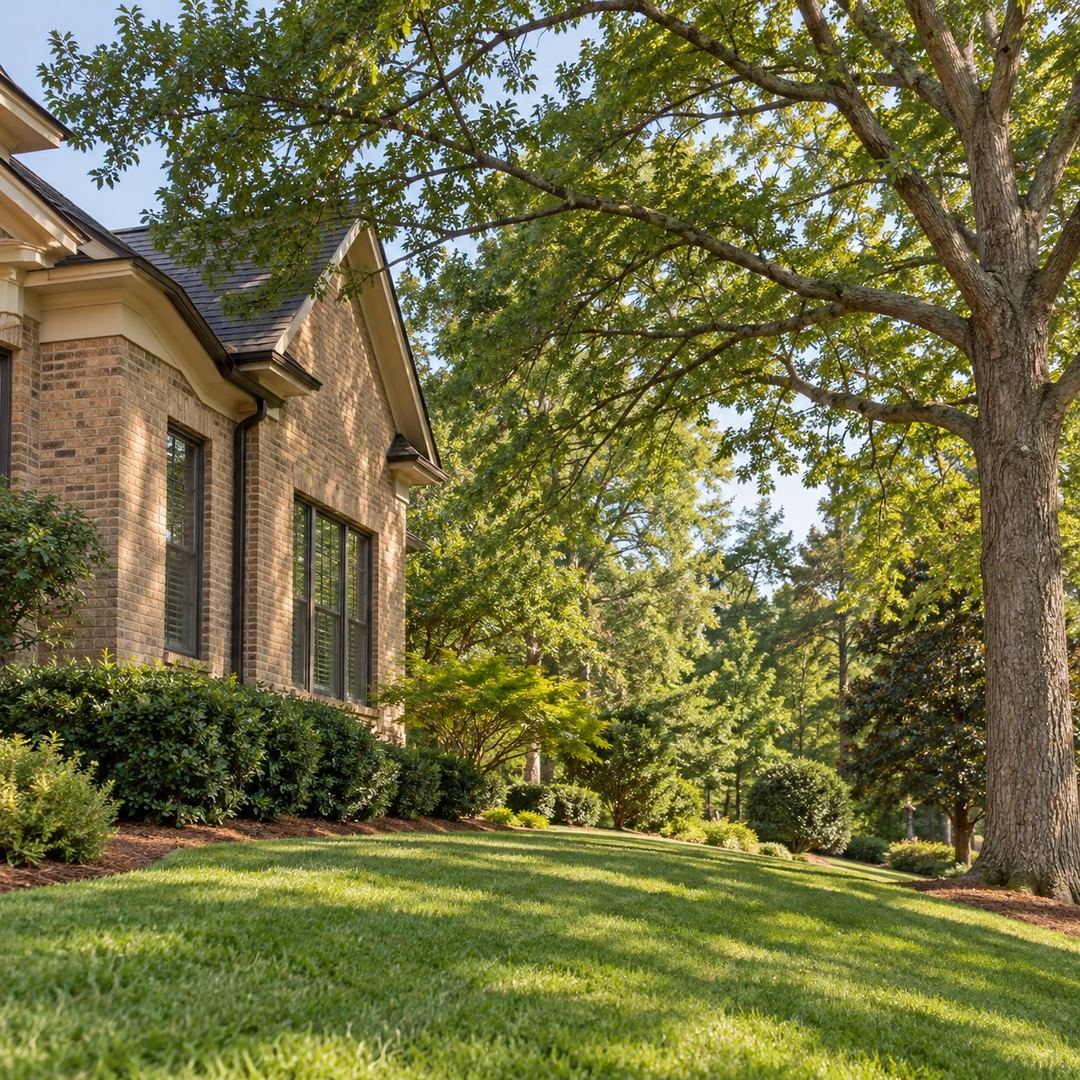 Healthy mature tree canopy beside a brick home and open lawn
