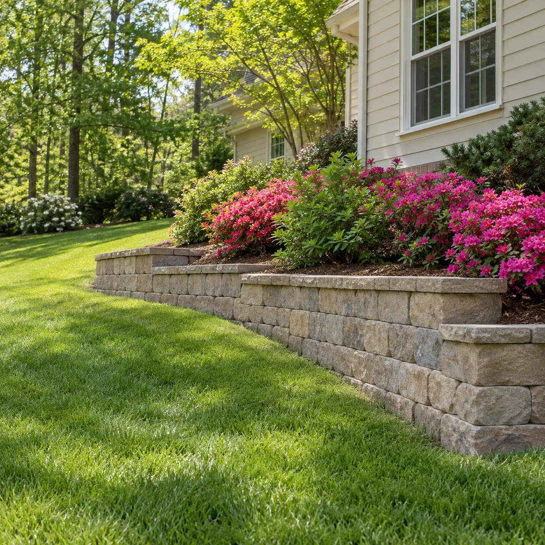 Curved retaining wall supporting azaleas beside a residential garden