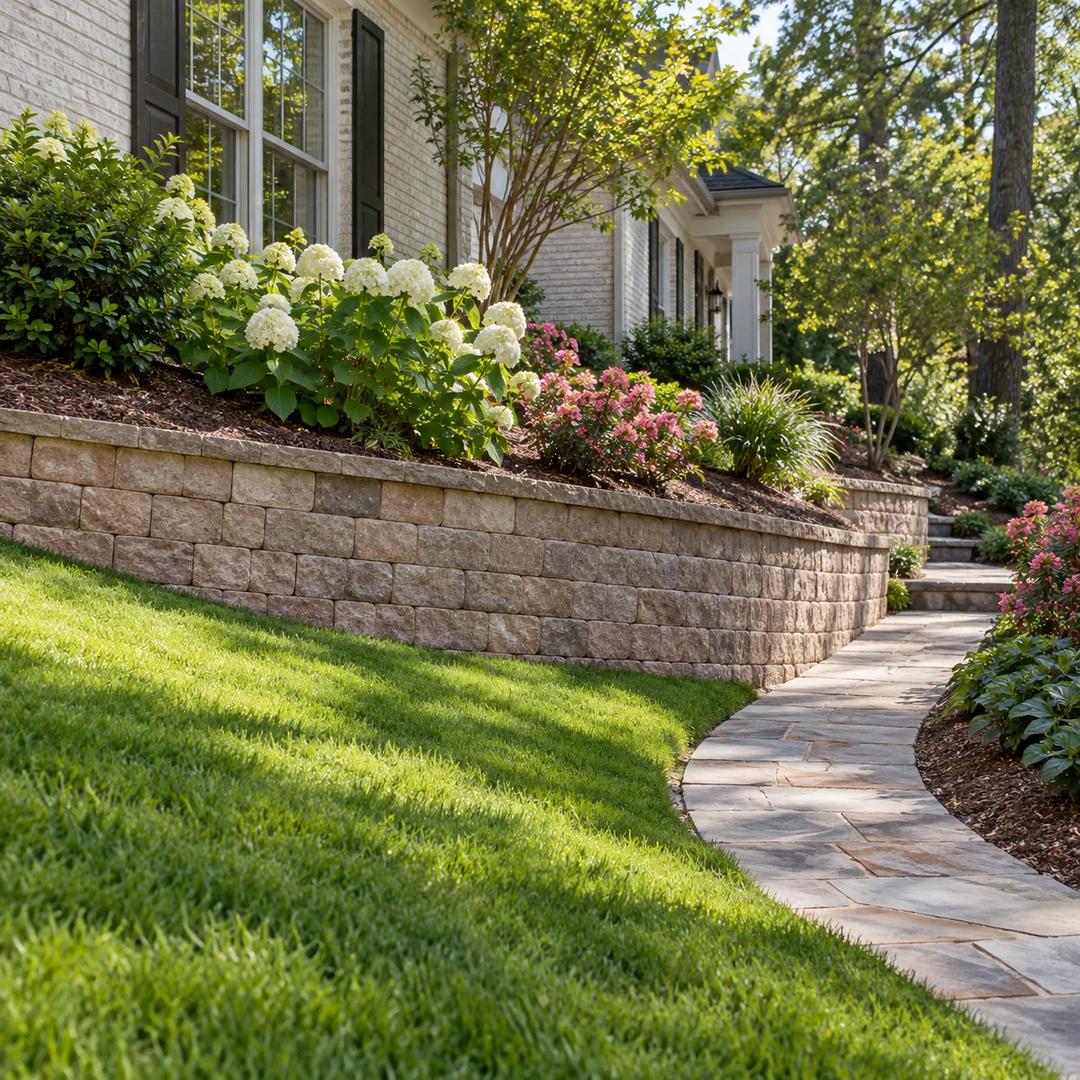 Low retaining wall beside a sloped lawn and curved paved path
