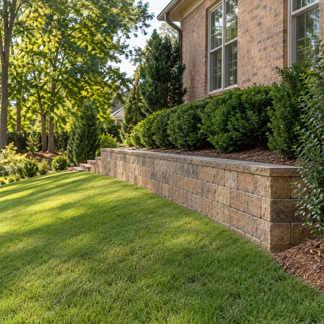 Straight retaining wall supporting foundation planting above a lawn