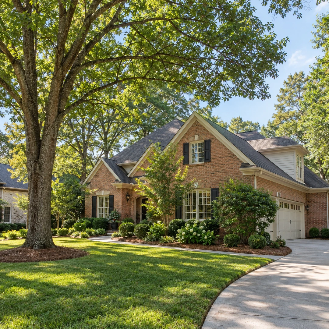 Tree branches extending above a residential lawn and driveway