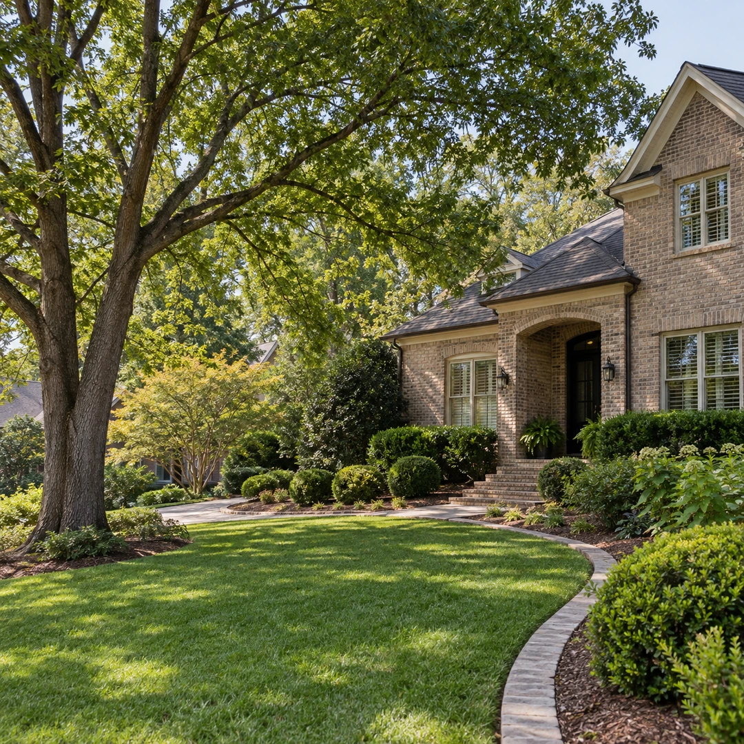 Mature tree beside a brick home and curved garden walkway