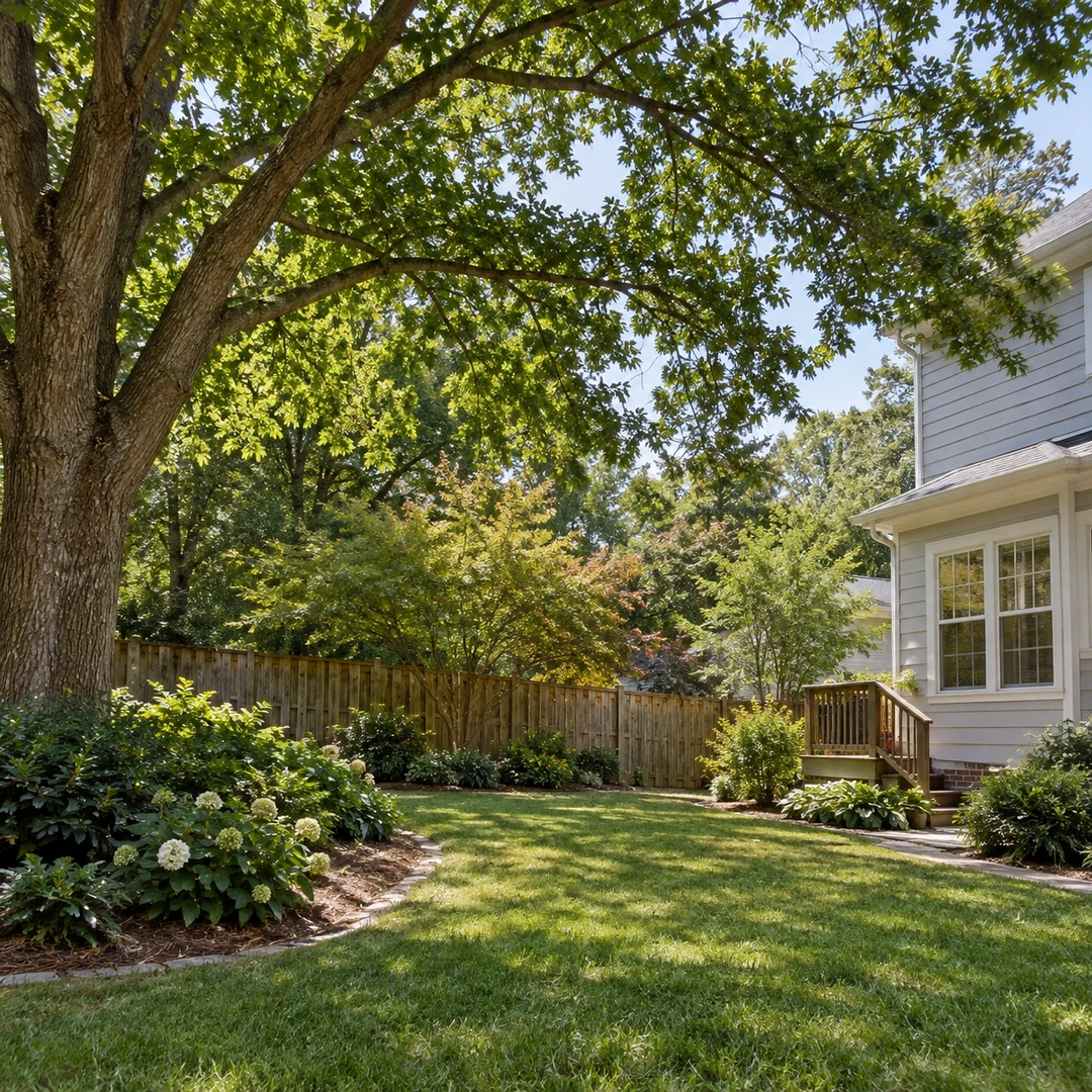 Healthy shade tree canopy over a residential backyard and planted border