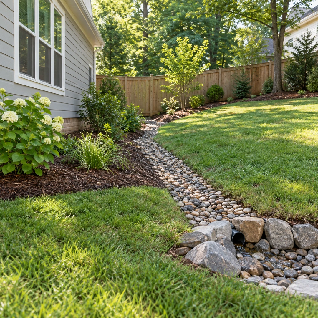 Stone drainage channel through a residential side yard