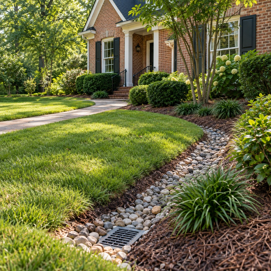 Gravel drainage channel with an inlet grate beside a garden path