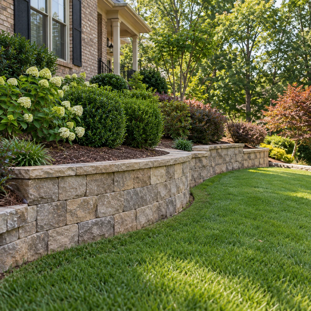 Finished lawn edge beneath a low retaining wall and planted bed