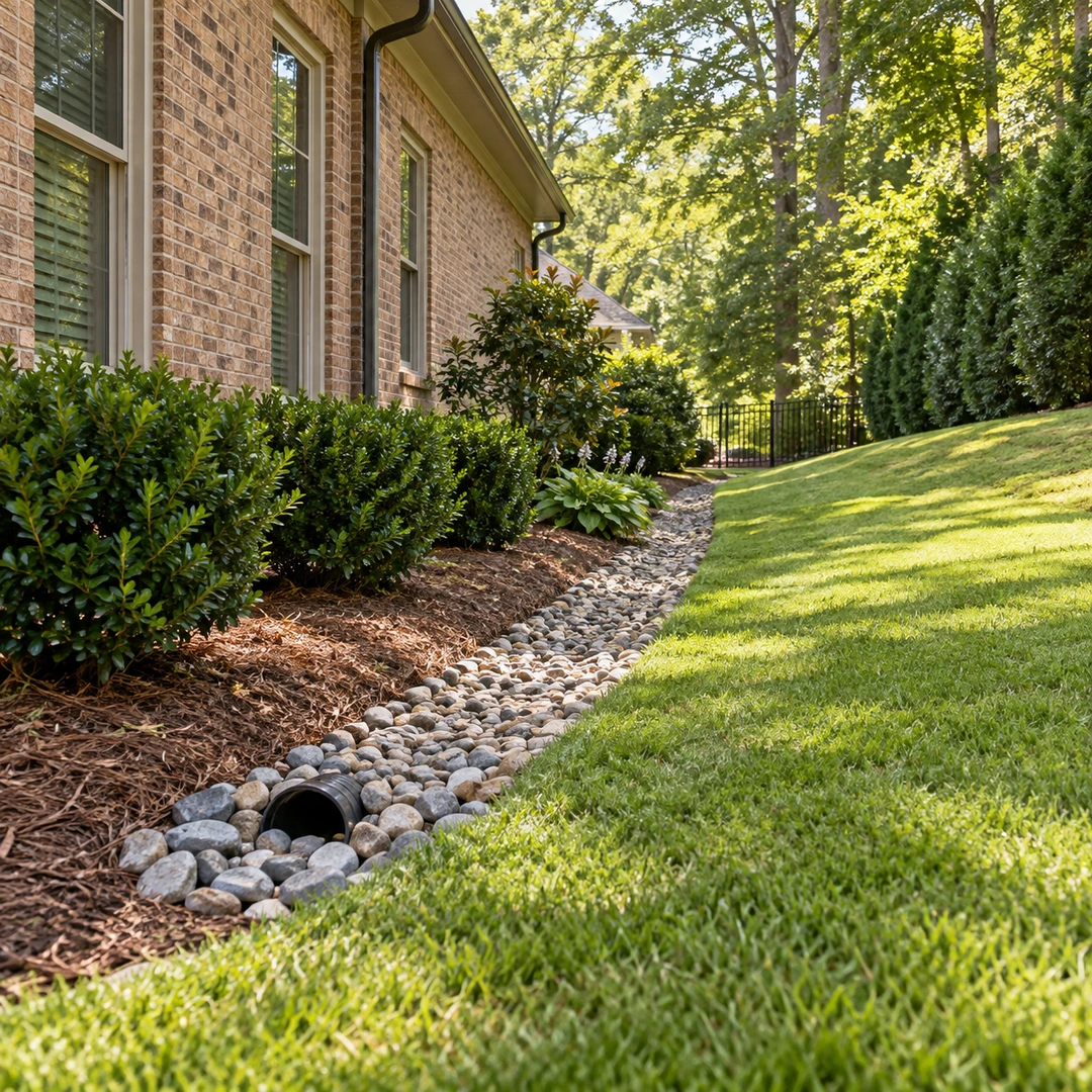 Drain pipe outlet beside a side yard lawn and mulched shrubs