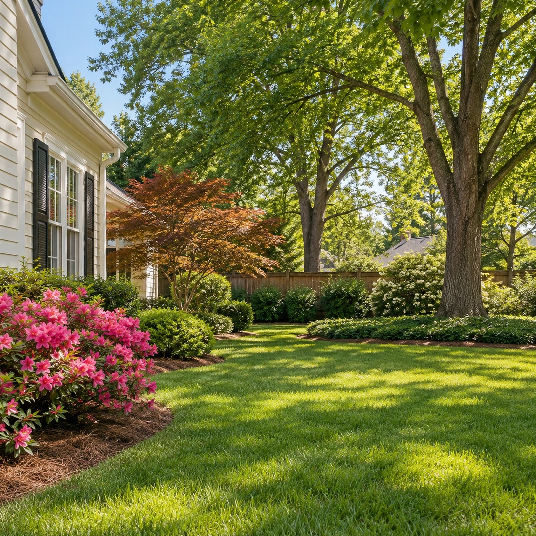 Large shade trees and a smaller ornamental tree beside a residential lawn