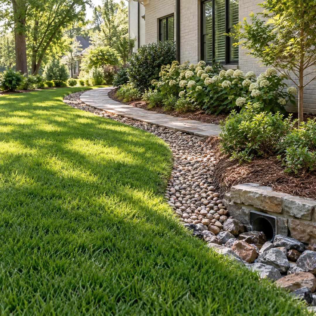 Drain outlet in a gravel channel below a planted garden border
