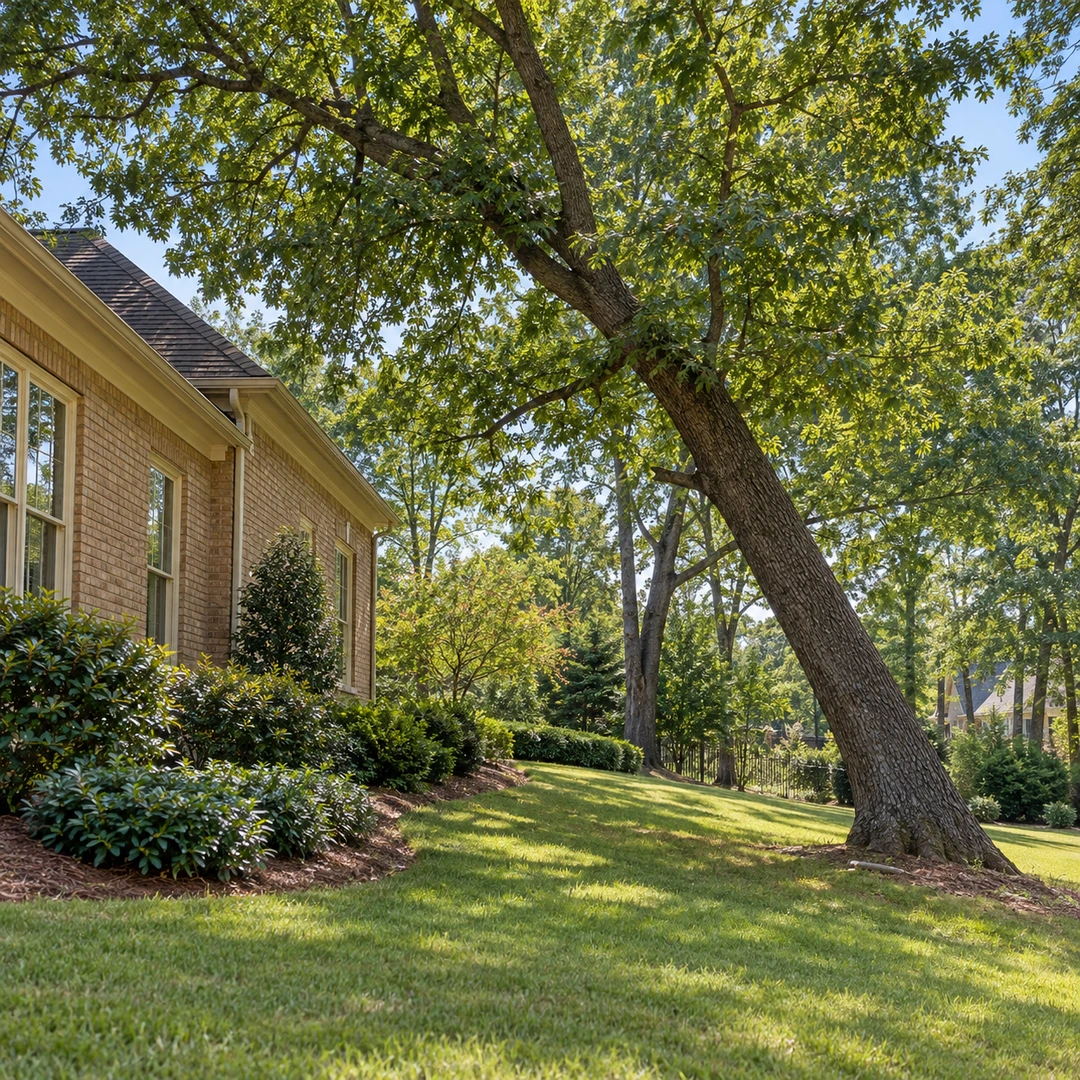 Visibly leaning mature tree beside a house and sloping lawn